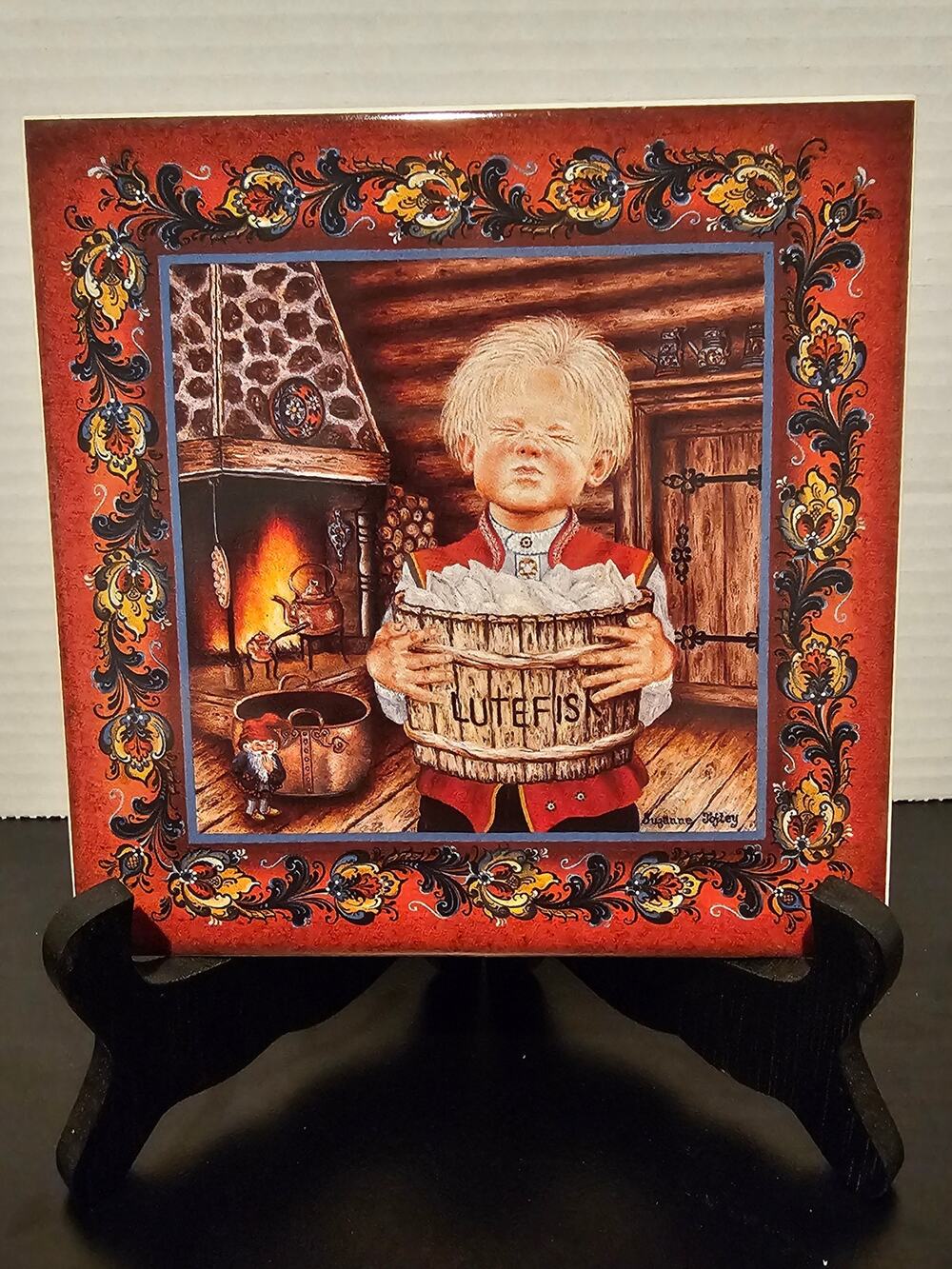 Lutefisk Boy Ceramic Tile Trivet by Suzanne Toftey Christmas Tile Scandinavian